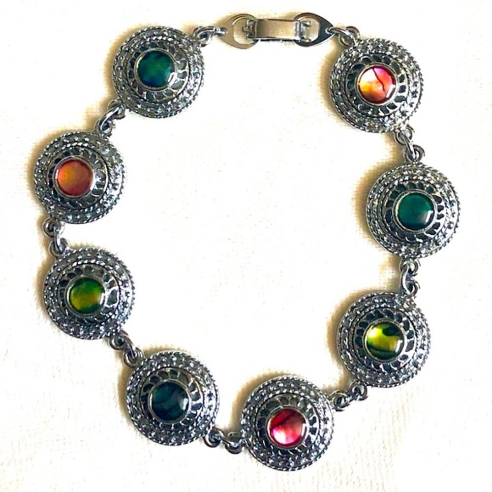 Rainbow Coin Link Bracelet Glass Multicolour Stones Silver-Tone Gypsy Charm